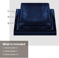 Ahmedani Linens Sexy Satin Sheet 6 Pcs Queen Bedding Set 1 Duvet Cover + 1 Fitted Sheet + 4 Pillow Cases Navy Queen