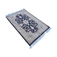 Al Ahmedani Linen Floral Medallion Navy Blue Rectangle Hand Knotted Area Rug Wonderful Design Home Decor Wool Silk Indoor Carpet (3.1 x 2.0)'
