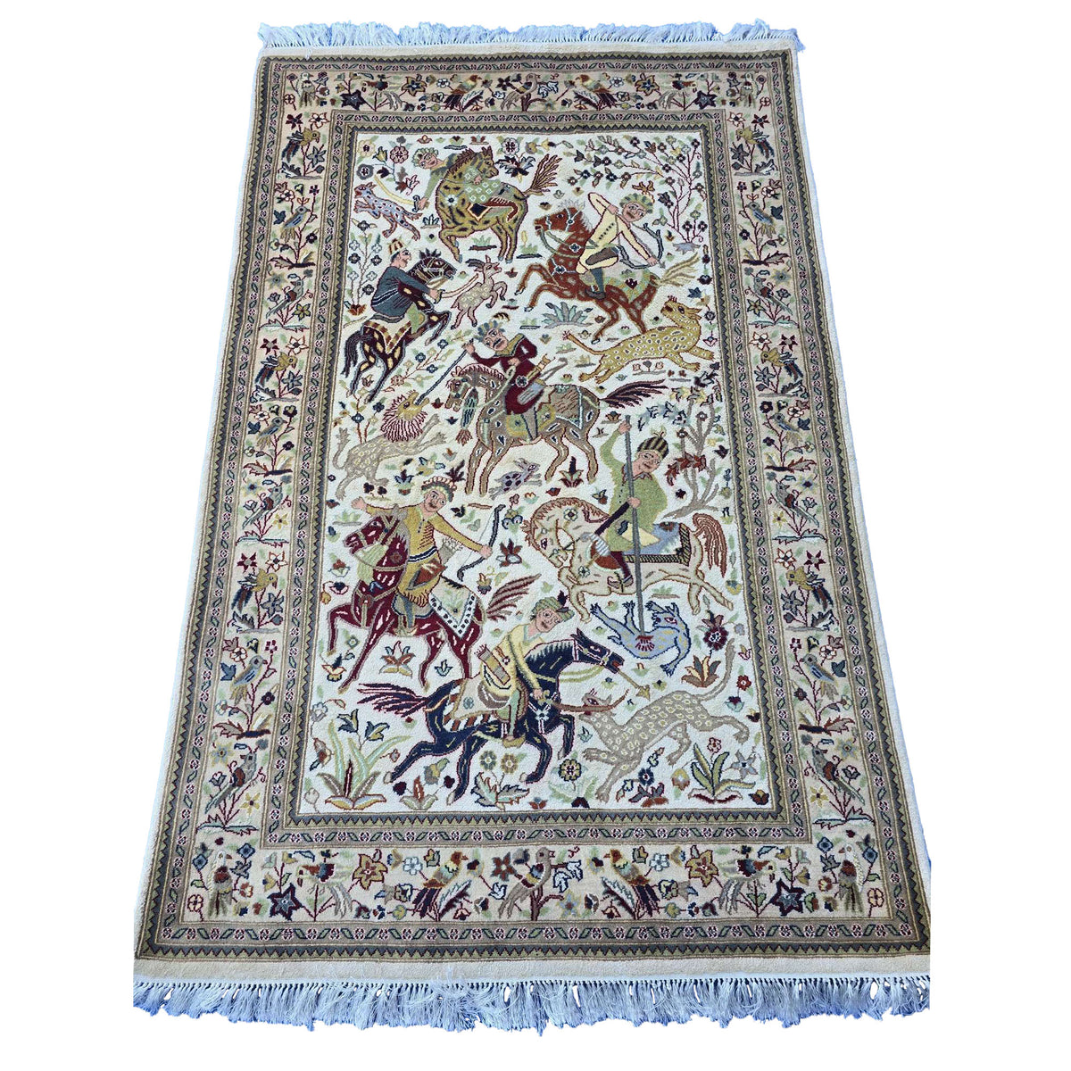 Al Ahmedani Linen 6 Horses Shikar Gah Lion King Deer Hunting Double Knot Rectangle Hand Knotted Area Rug Wool Silk Home Decor Indoor Carpet (6.2 x 4.1)'