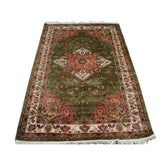 Lovely Olive Green Medallion Rectangle Area Rug Hand Knotted Wool Silk Carpet (6 X 4)'