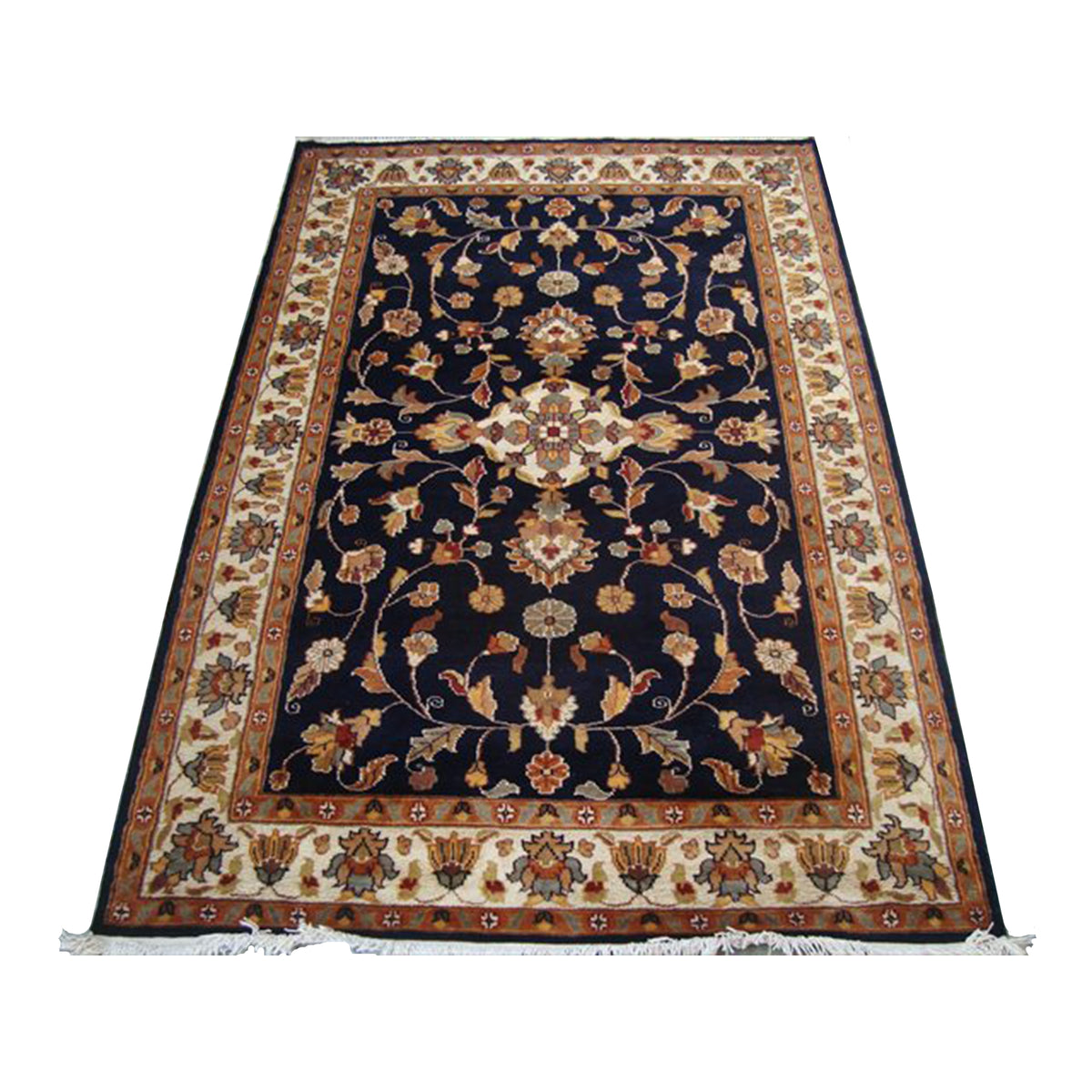 AHMEDANI Mid Night Blue Hot Ivory Touch Medallion Rectangle Area Rug Hand Knotted Wool Silk Carpet (6 X 4)'