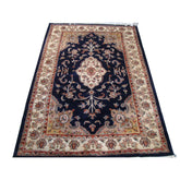 AHMEDANI Mid Night Blue Ivory Touch Flowers Rectangle Area Rug Hand Knotted Wool Silk Carpet (6 X 4)'
