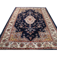 AHMEDANI Mid Night Blue Ivory Touch Flowers Rectangle Area Rug Hand Knotted Wool Silk Carpet (6 X 4)'