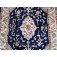 AHMEDANI Mid Night Blue Ivory Touch Flowers Rectangle Area Rug Hand Knotted Wool Silk Carpet (6 X 4)'
