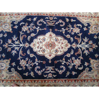 AHMEDANI Mid Night Blue Ivory Touch Flowers Rectangle Area Rug Hand Knotted Wool Silk Carpet (6 X 4)'