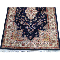 AHMEDANI Mid Night Blue Ivory Touch Flowers Rectangle Area Rug Hand Knotted Wool Silk Carpet (6 X 4)'
