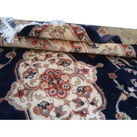 AHMEDANI Mid Night Blue Ivory Touch Flowers Rectangle Area Rug Hand Knotted Wool Silk Carpet (6 X 4)'