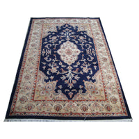 AHMEDANI Mid Night Blue Ivory Touch Flowers Rectangle Area Rug Hand Knotted Wool Silk Carpet (6 X 4)'