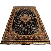 Exclusive Navy Blue & Olive Medallion Area Rug Hand Knotted Silk Wool Carpet (9 X 5)'