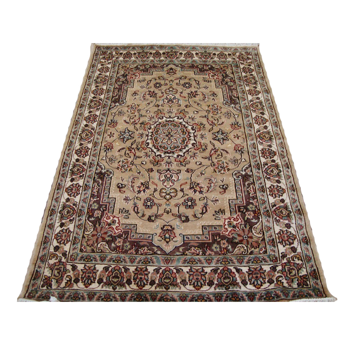 AL AHMEDANI LINEN Beige Tan Beauty Floral Oriental Area Rug Hand Knotted Wool Silk Carpet (6 x 4)'