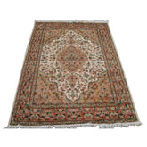 Gultarash Ivory Medallion Touch Flowers Rare Hand Knotted Area Rug Wool Silk Carpet (6 x 4)'