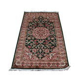Royal Dark Green Ivory Beauty Floral Oriental Rug Hand Knotted Wool Silk Carpet (5 X 3)'