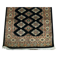 AHMEDANI Exclusive Black Jaldar Mahal Ivory Touch Hand Knotted Hall Way Runner Rug (8.0 X 2.6)'