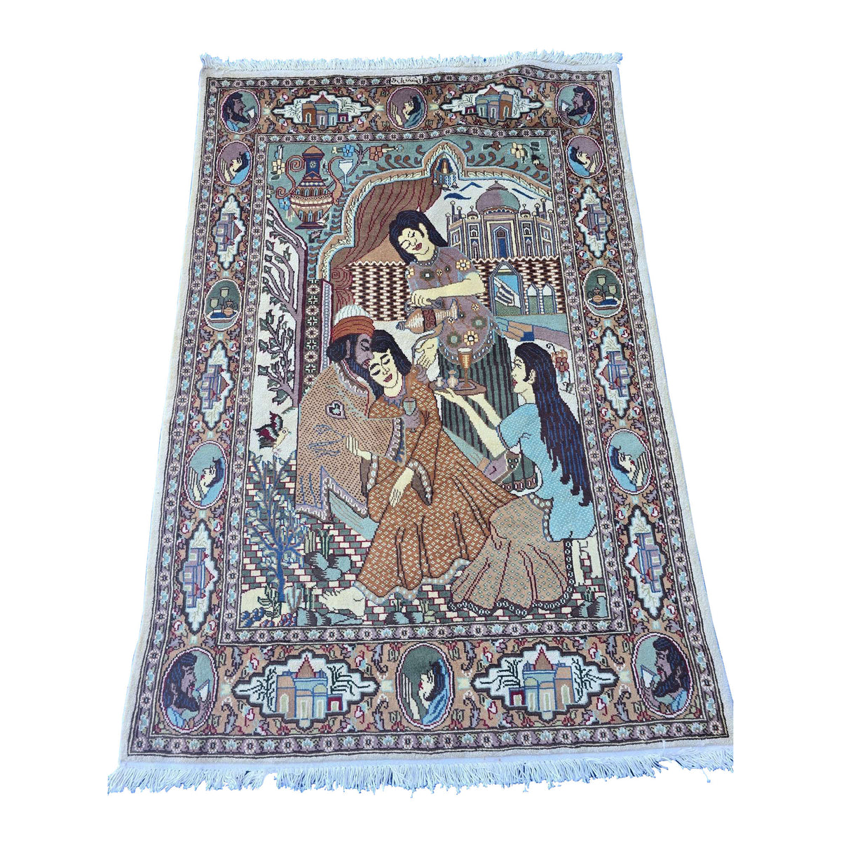 Al Ahmedani Linen Love Umre Khayam King Queen Love Story Hand Knotted Rectangle Area Rug Wonderful Design Home Decor Wool Silk Indoor Carpet (6.0 x 4.1)'