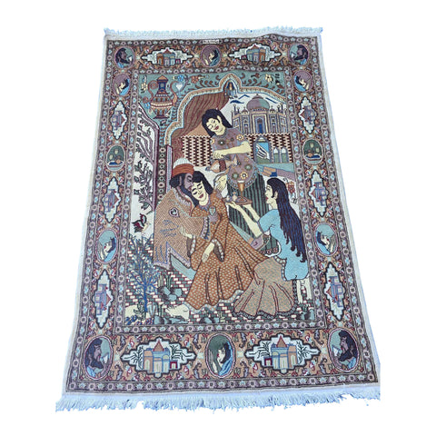 Al Ahmedani Linen Love Umre Khayam King Queen Love Story Hand Knotted Rectangle Area Rug Wonderful Design Home Decor Wool Silk Indoor Carpet (6.0 x 4.1)'