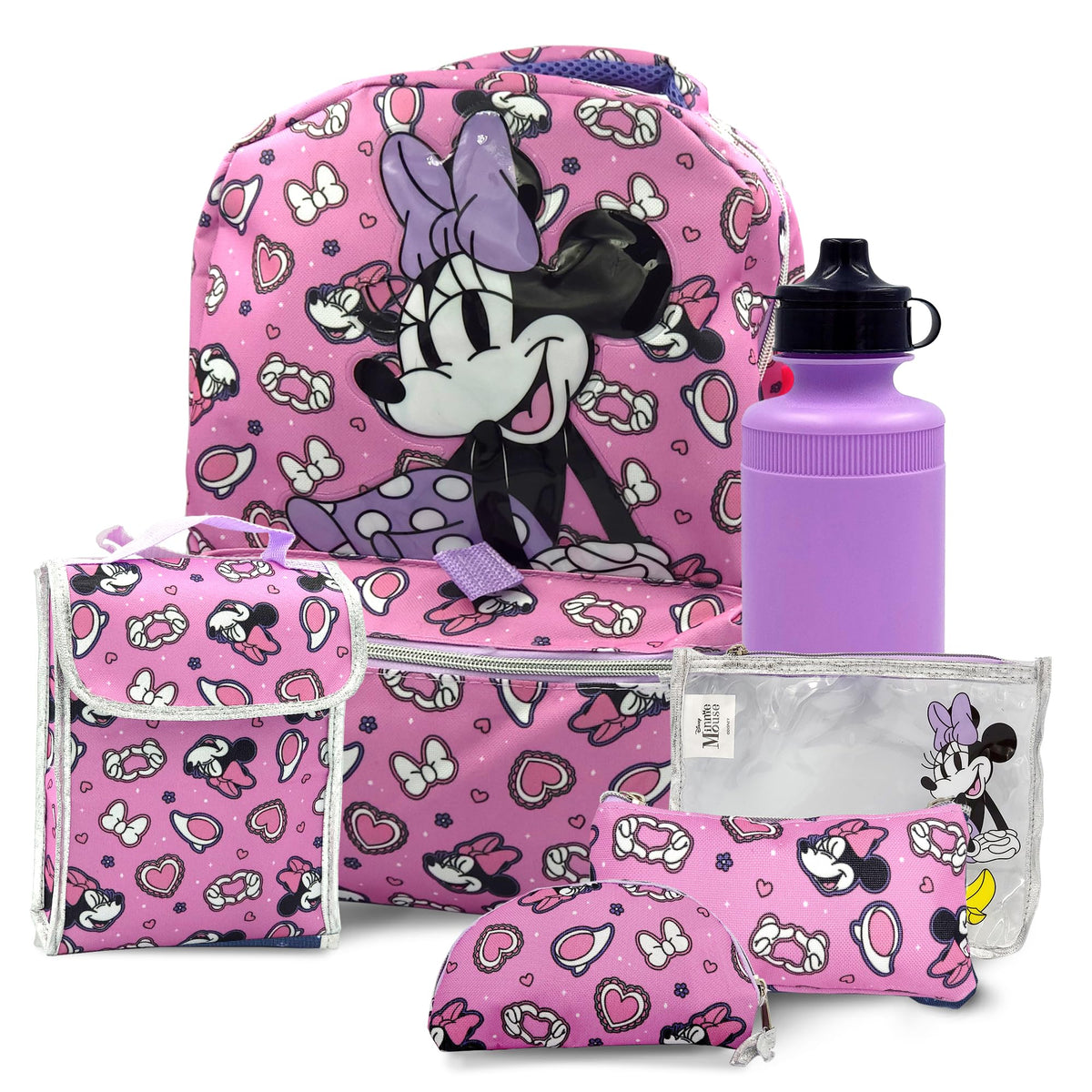 Minnie Mouse Backpack 16 inch Kids Backpack with Lunch Box- 6 Piece Set for Kids