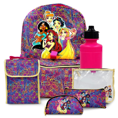 Disney Princess Backpack 16 inch Kids Backpack with Lunch Box- 6 Piece Set for Kids