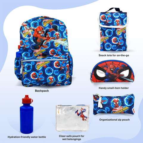 Spiderman Backpack 16 inch Kids Backpack with Lunch Box-6 Piece Set for Kids