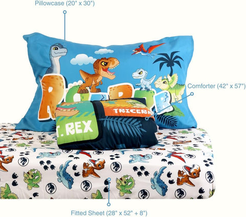 Jurassic World 3-Piece Ultra-Soft & Cozy Toddler Bedding Sheet Set for Kids - Comforter, Fitted Sheet & Pillowcase