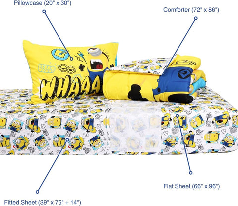 Minions 4 Pcs Twin Bedding Sheet Set with Reversible Comforter for Kids