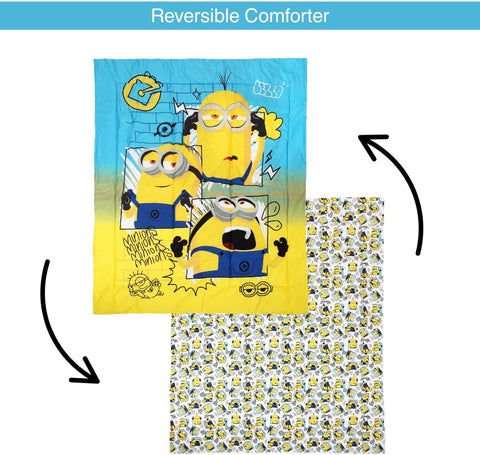 Minions 4 Pcs Twin Bedding Sheet Set with Reversible Comforter for Kids