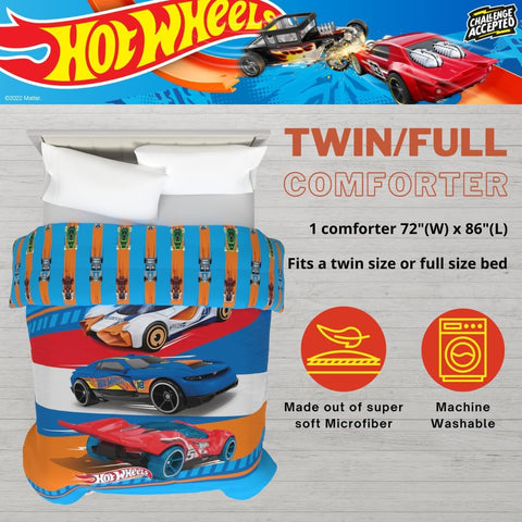 Hot Wheels Reversible Comforter Twin/Full Kids Soft Microfiber Bedding