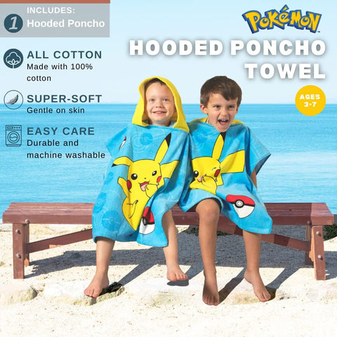 Pokémon Pikachu Hooded Towel Poncho Kids Beach Pool Bath Towel 24" x 22" Cotton