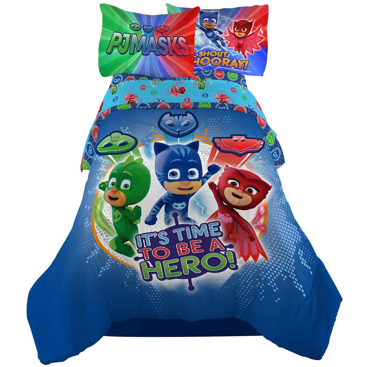 PJ Masks It's Hero Time Kids Bedding Sheet Twin Sheet Set with Comforter 4 Piece - [Blue]
