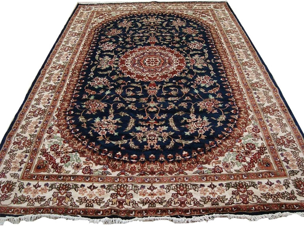 Awesome Blue Medallion Floral Oriental Rug Hand Knotted Wool Silk Carpet (10 x 7)'