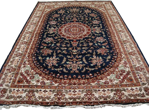 Awesome Blue Medallion Floral Oriental Rug Hand Knotted Wool Silk Carpet (10 x 7)'
