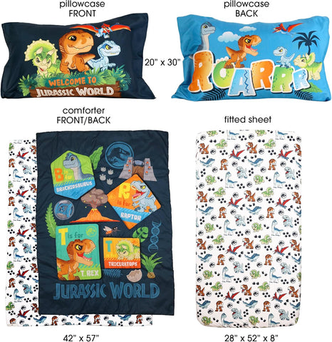 Jurassic World 3-Piece Ultra-Soft & Cozy Toddler Bedding Sheet Set for Kids - Comforter, Fitted Sheet & Pillowcase