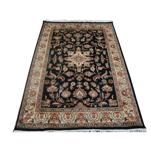 Wow Exclusive Exotic Navy Dark Blue Floral Medallion Hand Knotted Rug Wool Silk Carpet (6 X 4)'