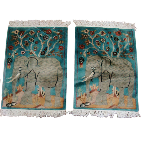 Wow Elephant Pair Area Rug Exclusive Hand Knotted Wool Silk Carpet (2 X 1.6)'