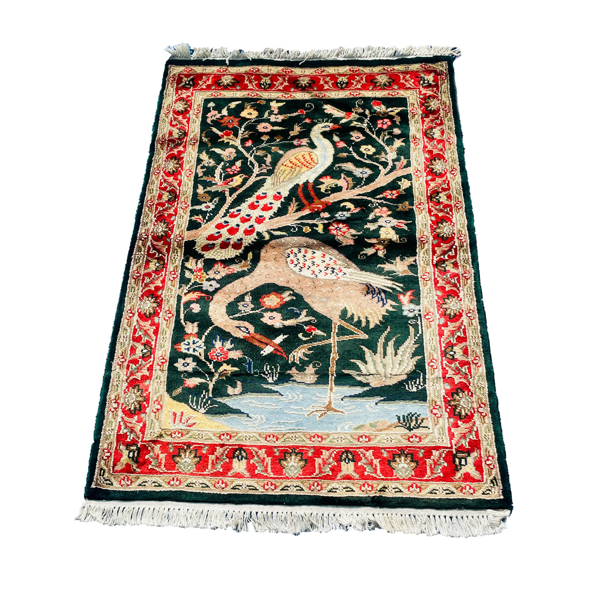 Al Ahmedani Linen Peacock Ostrich Tree of Life Rectangle Hand Knotted Area Rug Home Decor Wool Silk Indoor Carpet (4.1 x 2.8)'