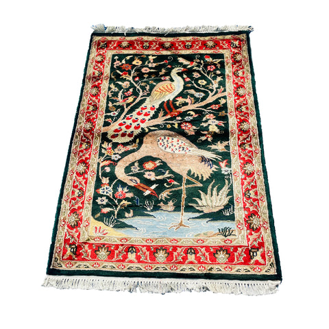 Al Ahmedani Linen Peacock Ostrich Tree of Life Rectangle Hand Knotted Area Rug Home Decor Wool Silk Indoor Carpet (4.1 x 2.8)'