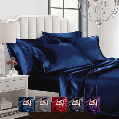 Ahmedani Linens Sexy Satin Sheet 6 Pcs Queen Bedding Set 1 Duvet Cover + 1 Fitted Sheet + 4 Pillow Cases Navy Queen