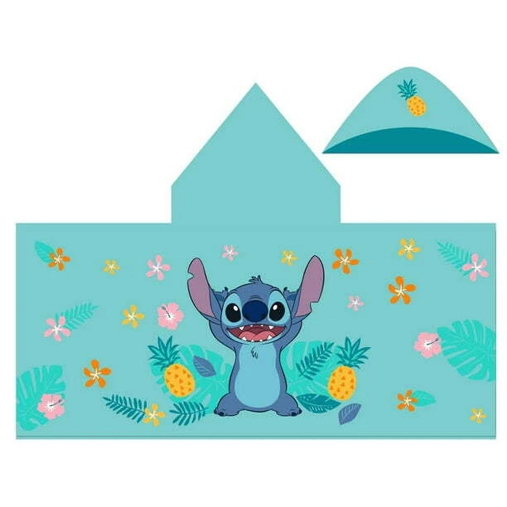 Lilo & Stitch Pineapple & Floral Hooded Towel for Kids - Stitch Character Design, 100% Cotton, Soft Absorbent Bath Towel, 23x51 Inches