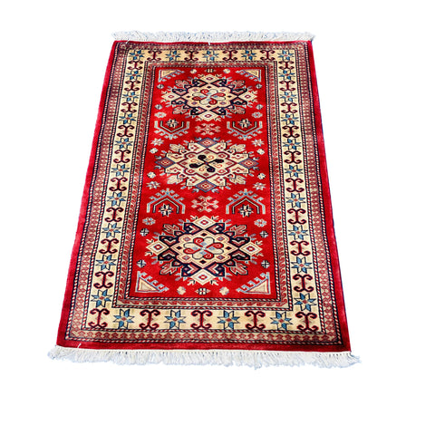 Al Ahmedani Linen Red Kafkazi Geometric Rectangle Hand Knotted Wonderful Design Area Rug Home Decor Wool Silk Indoor Carpet (4.0 x 2.7)'