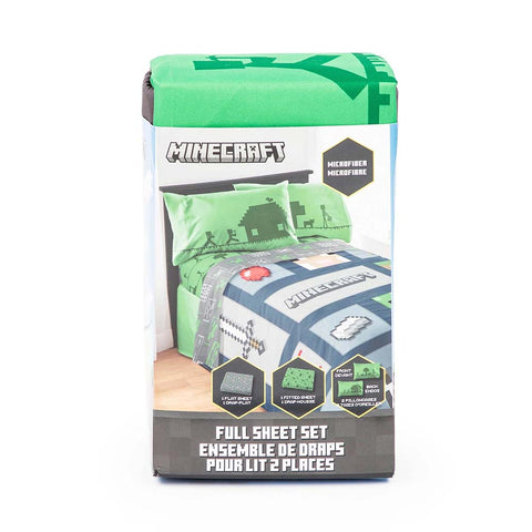 Minecraft Icon Adventure 4-Piece Full Sheet Set for Kids - Flat Sheet, Fitted Sheet and 2 Pillowcases
