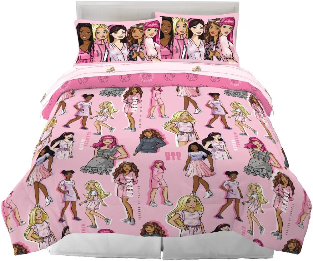 Barbie Girl Kids Queen Size Bedding Set 7 Piece Comforter Sheet Set with Shams