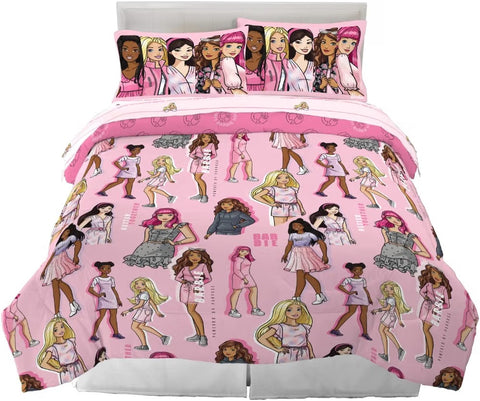 Barbie Girl Kids Queen Size Bedding Set 7 Piece Comforter Sheet Set with Shams