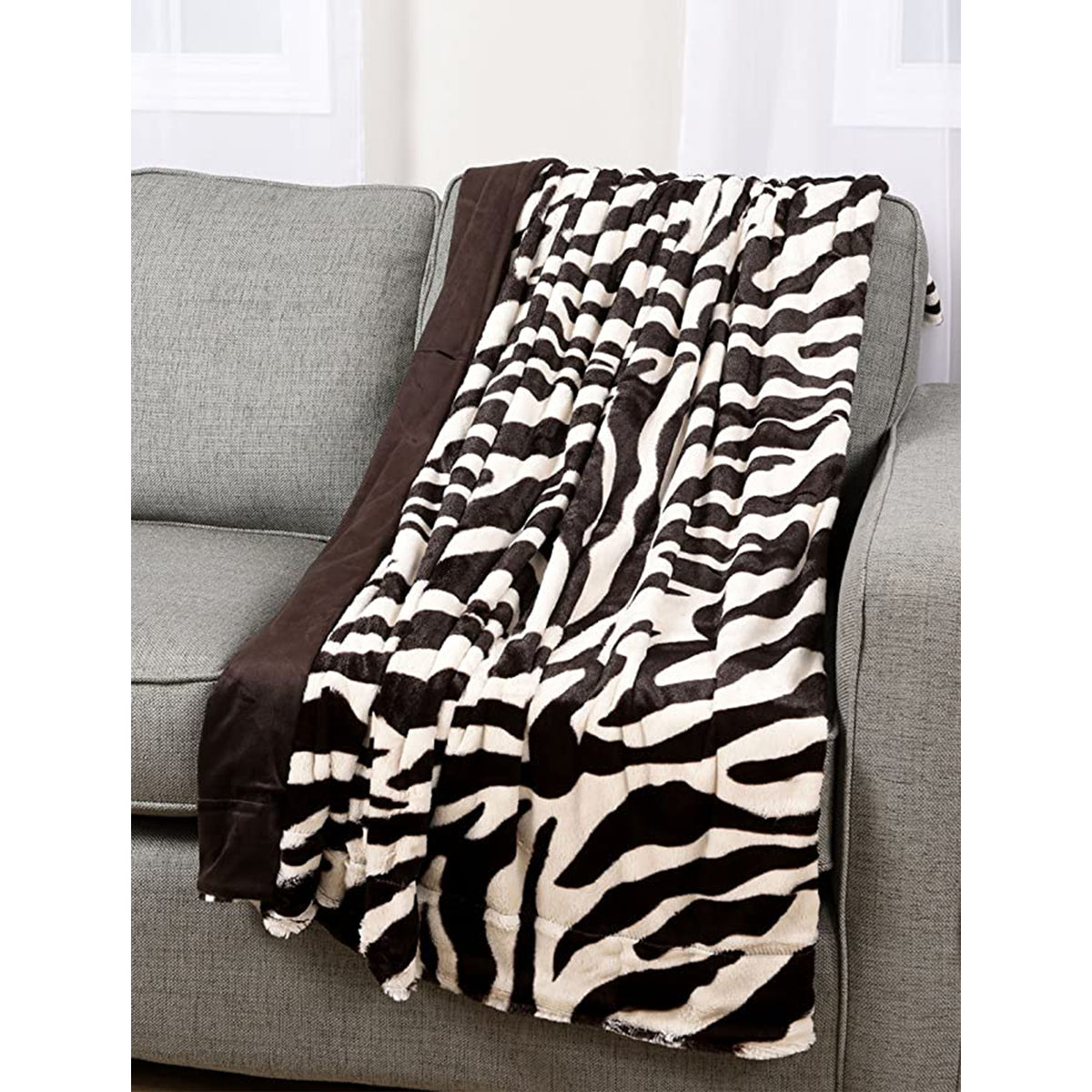 Zebra Print Plush Faux Fur Micromink Brown & White Super Soft Fleece Throw Reversible Adults Comfortable Cover Blanket 50x60-inch