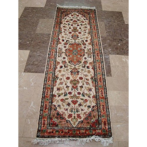 Rectangle Area Carpet Ivory Floral Medallion Hand Knotted Wool Silk Rug Runner (2 x 6)'