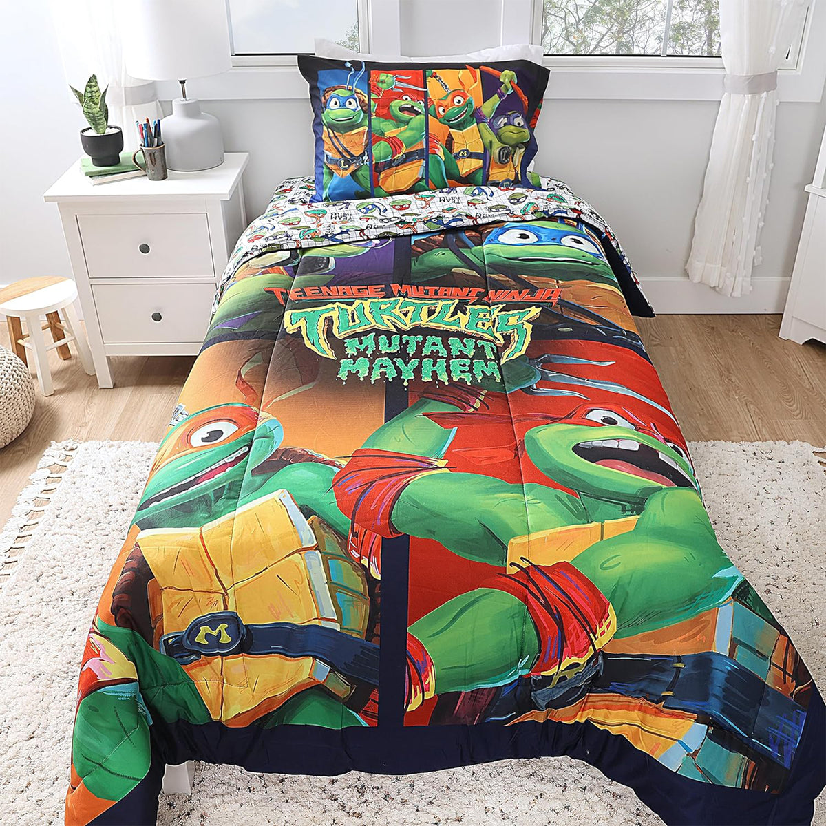 Teenage Mutant Ninja Turtles Kids Bedding Sheet Set with Reversible Comforter Twin Bed in Bag 4 Pcs Set for Kids