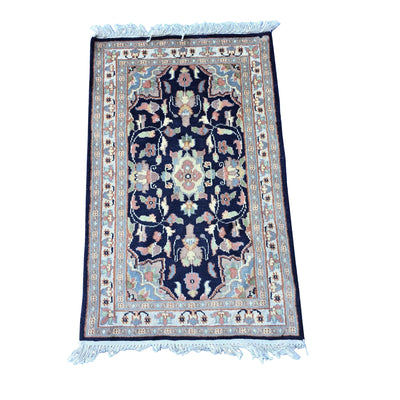 Al Ahmedani Linen Floral Medallion Navy Blue Rectangle Hand Knotted Area Rug Wonderful Design Home Decor Wool Silk Indoor Carpet (3.1 x 2.0)'