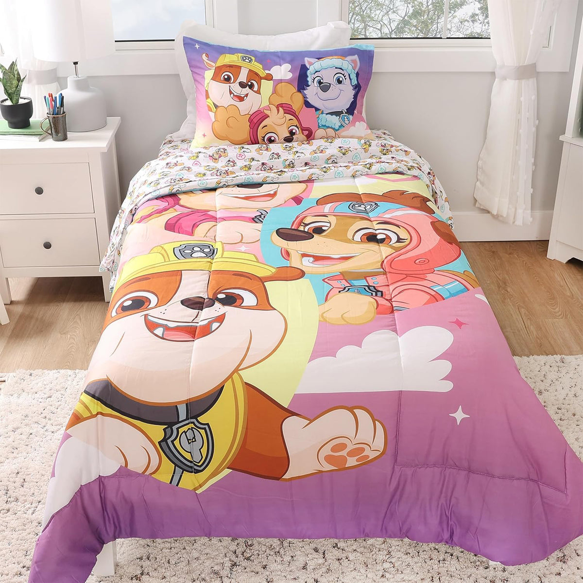 Paw Patrol Skye Kids Bedding Sheet Set with Reversible Comforter Twin Bed in Bag 4 Pcs Set for Kids
