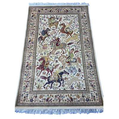 Al Ahmedani Linen 6 Horses Shikar Gah Lion King Deer Hunting Double Knot Rectangle Hand Knotted Area Rug Wool Silk Home Decor Indoor Carpet (6.2 x 4.1)'