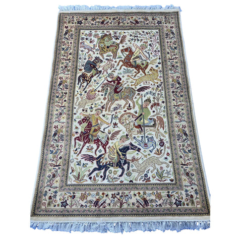 Al Ahmedani Linen 6 Horses Shikar Gah Lion King Deer Hunting Double Knot Rectangle Hand Knotted Area Rug Wool Silk Home Decor Indoor Carpet (6.2 x 4.1)'