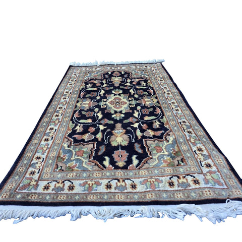 Al Ahmedani Linen Floral Medallion Navy Blue Rectangle Hand Knotted Area Rug Wonderful Design Home Decor Wool Silk Indoor Carpet (3.1 x 2.0)'