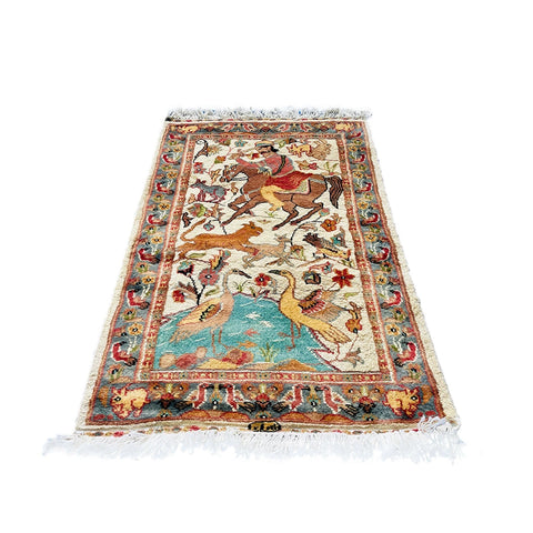 Al Ahmedani Linen Hunting Tree of Life Wonderful Design Rectangle Hand Knotted Area Rug Home Decor Wool Silk Indoor Carpet (3.4 x 2.1)'